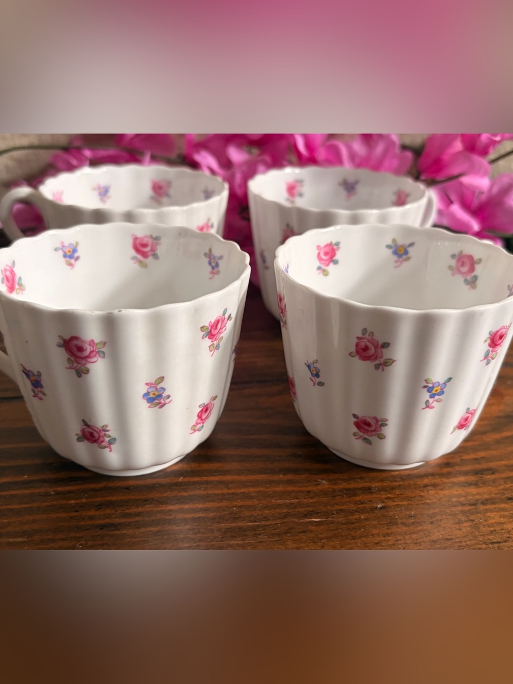 Spode Bone Floral Cups with Pink Rose Motif (Set of 4)